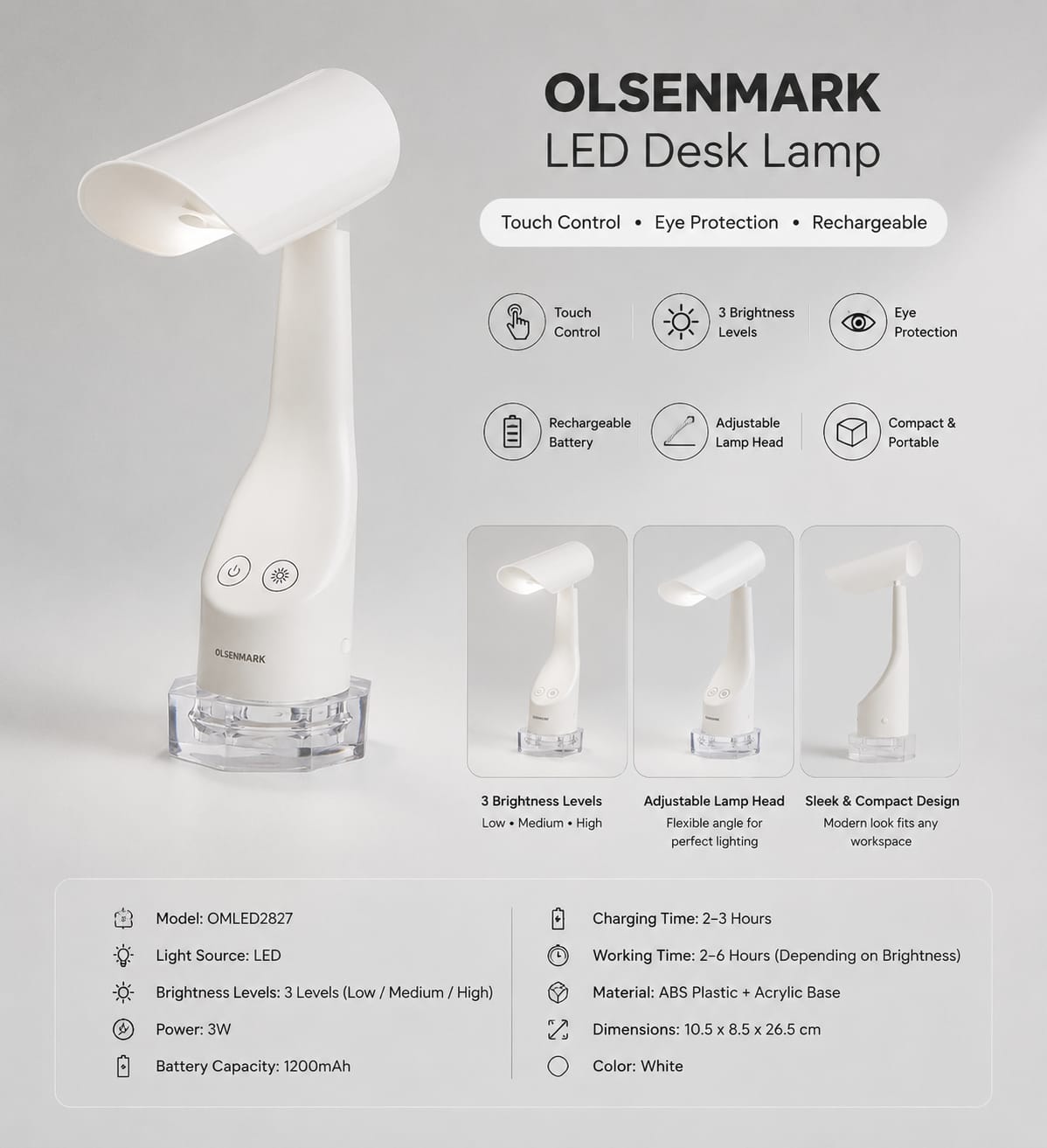 Olsenmark LED Desk Lamp - Touch Control, Rechargeable, Eye Protection